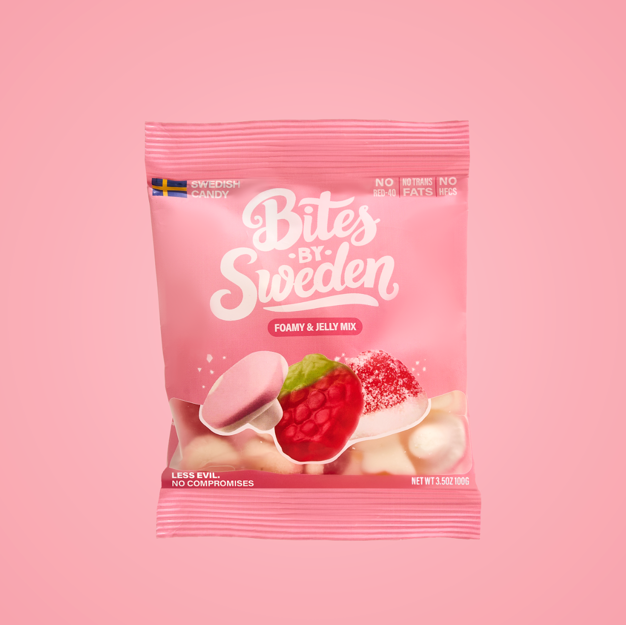 Pink package of 'Bites by Sweden' on a pink background