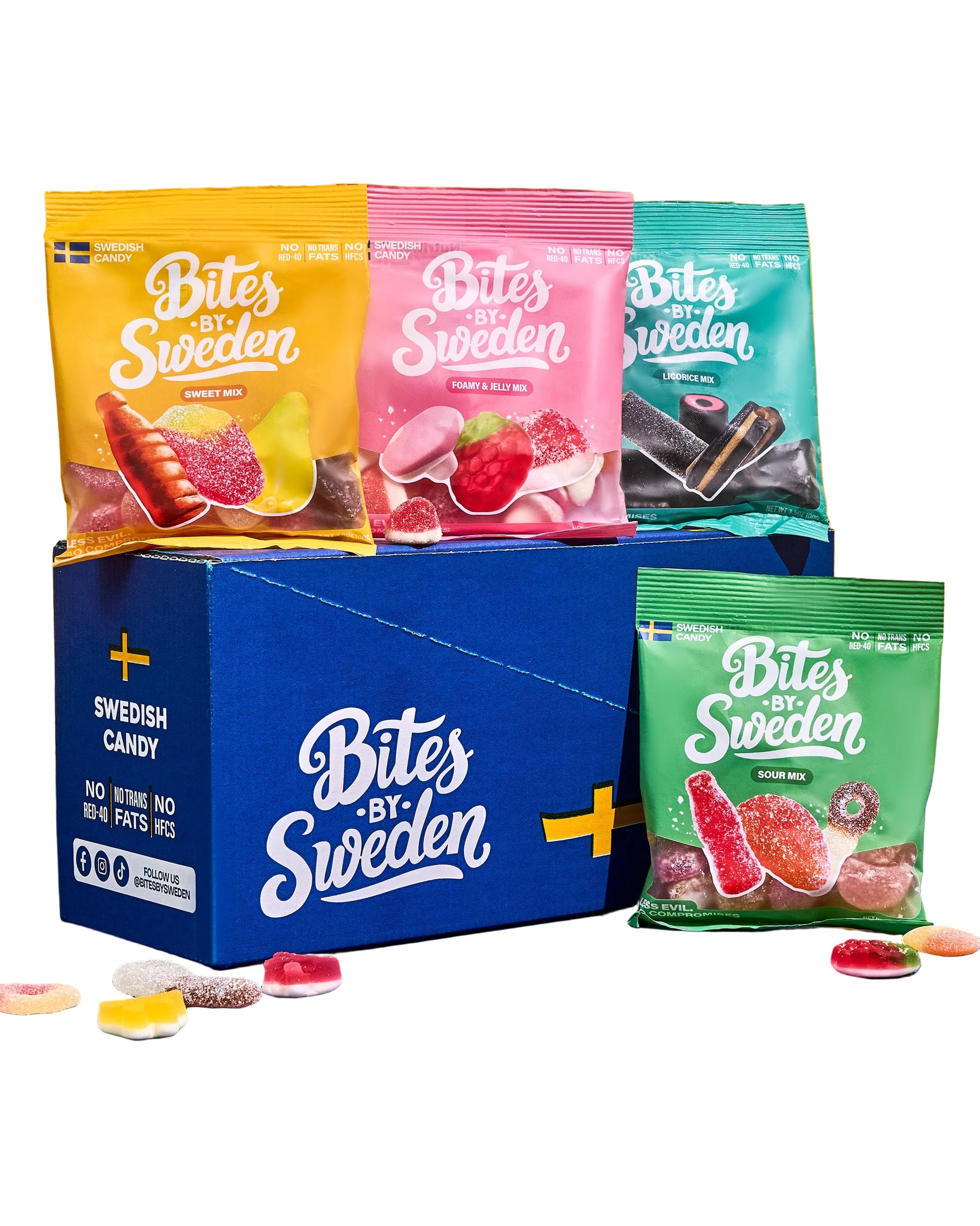 Assorted 'Bites by Sweden' candy packages on a blue and yellow background