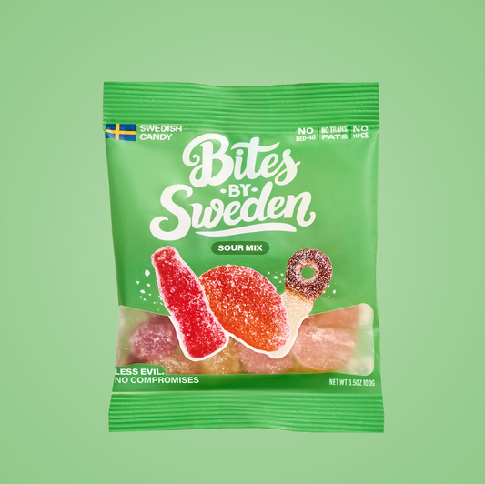 Green package of 'Bites by Sweden' sour mix candy on a green background