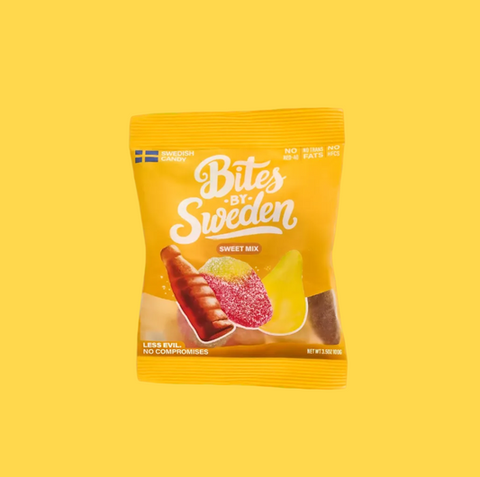 Yellow package of 'Bites by Sweden' on a yellow background